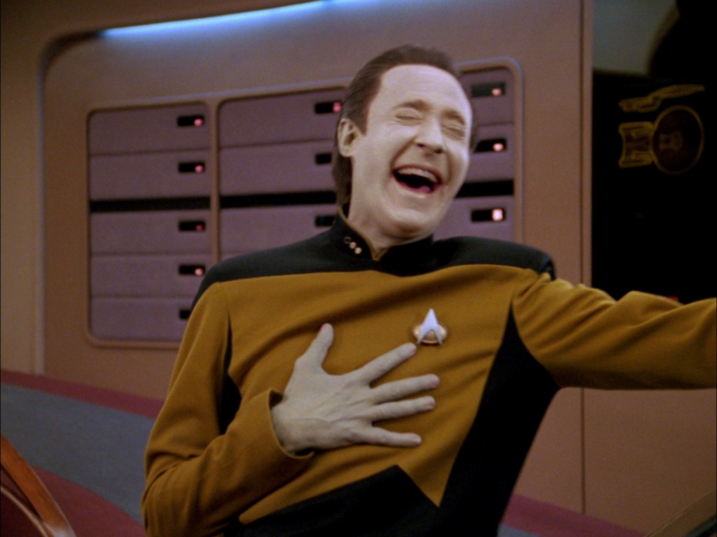 Data the android laughing on the bridge of the Enterprise-D