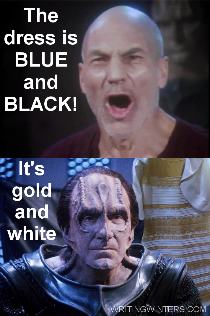 "There are four lights" parody: Dress is Blue and Black vs Gold and White with Jean-Luc Picard and Gul Madred.