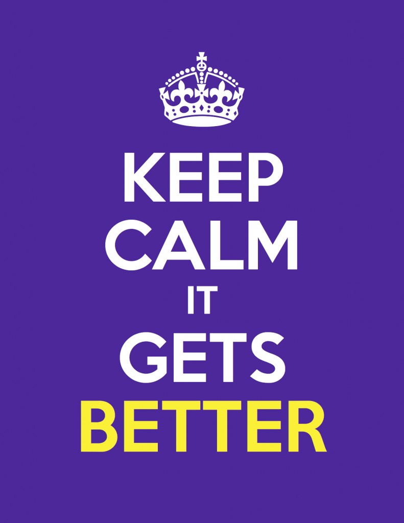 a blue keep calm sign that says "keep calm it gets better"