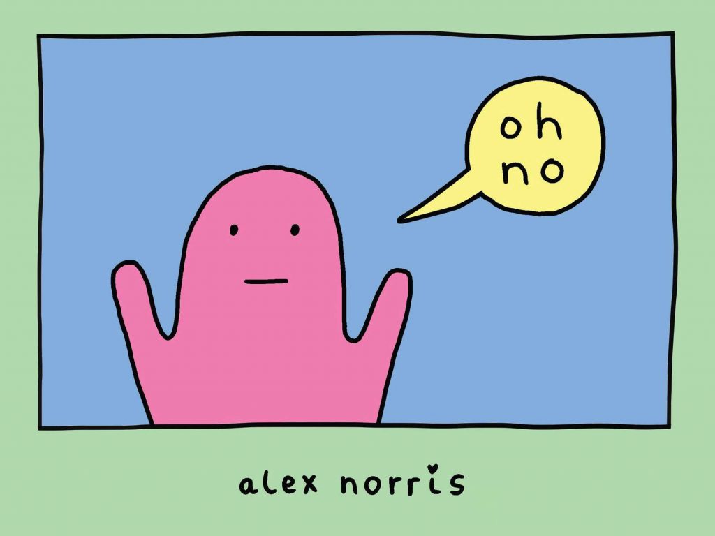 a little pink person with a yellow speech bubble that says "oh no"